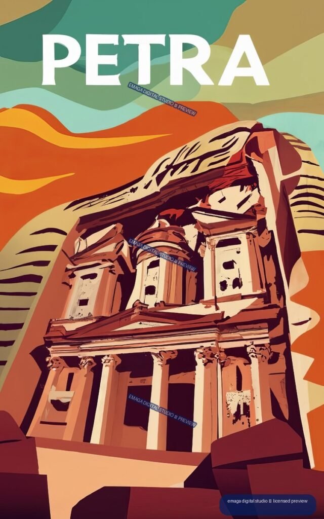 Stylized travel poster showing Petra’s rock-cut facade beneath large white “PETRA” lettering, with warm sandstone colors and abstract layered shapes.