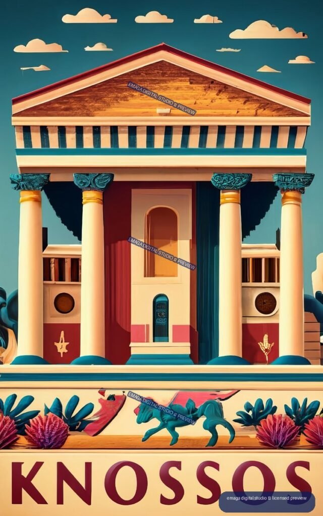 Stylized colorful poster of a classical Knossos building with columns, a horse motif, flowers, and large KNOSSOS lettering.