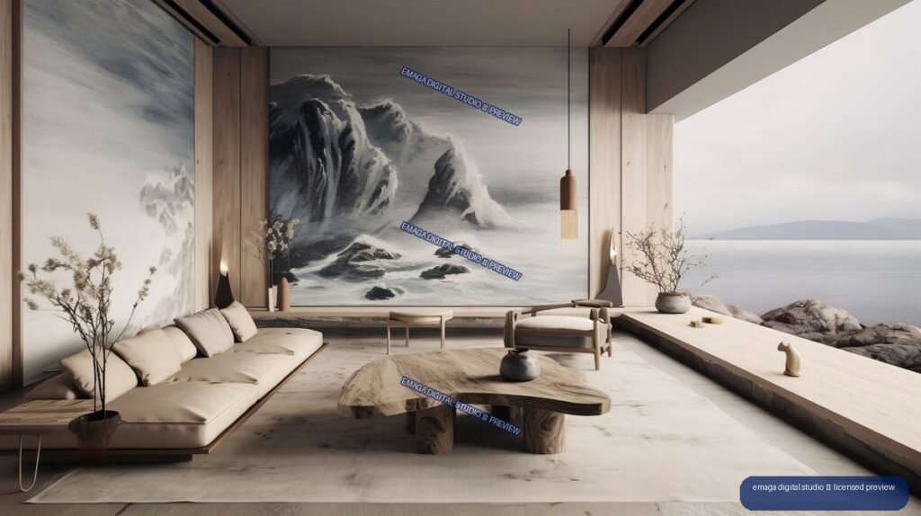 Minimalist Japandi living room with pale wood, cream seating, a live-edge table, monochrome mountain artwork, and a rocky waterfront view.