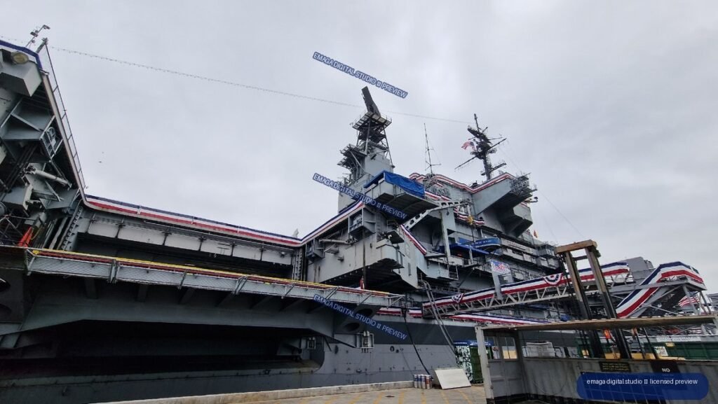 USS Midway Exterior in San Diego, United States Under Cloudy Skies