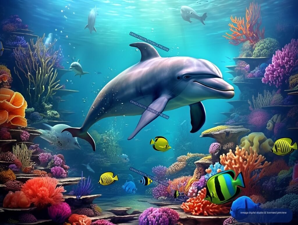 Large dolphin swimming above a colorful coral reef surrounded by tropical fish and smaller dolphins.