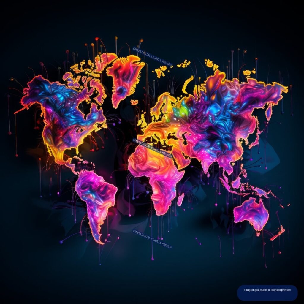 Colorful neon graffiti-style world map with glowing multicolored continents and paint drips on a dark blue background.