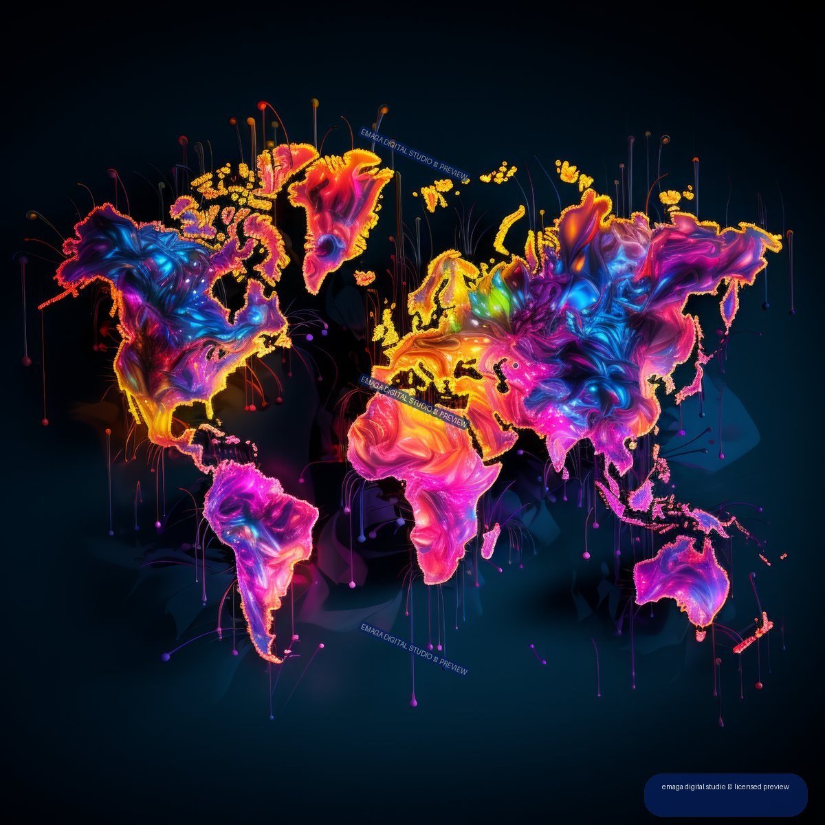 Colorful neon graffiti-style world map with glowing multicolored continents and paint drips on a dark blue background.