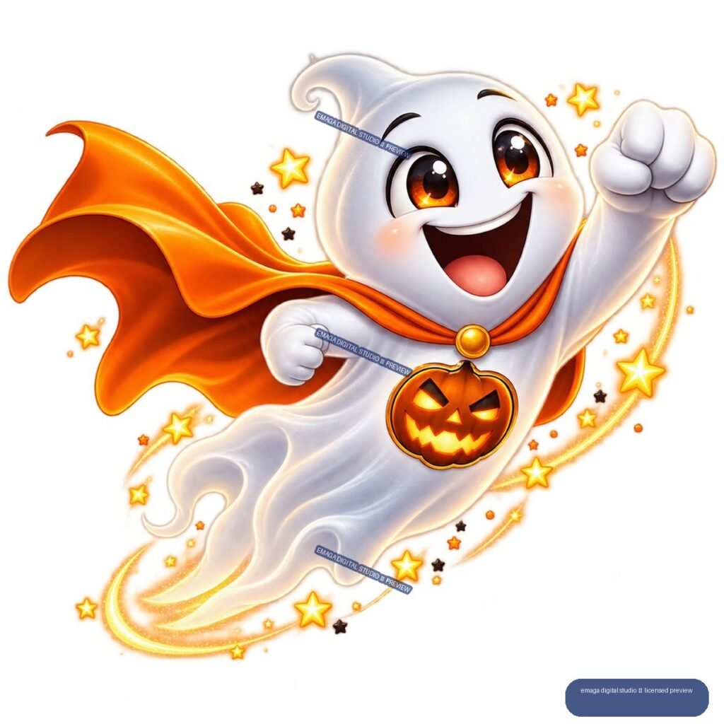 Cheerful white cartoon ghost in an orange cape flying among stars, wearing a glowing jack-o'-lantern pendant.