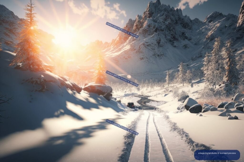 Snowy mountain valley at sunrise with evergreen trees, tire tracks, a winding road, and a distant vehicle.