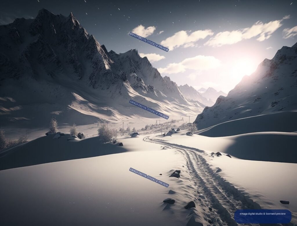 Snow-covered mountain valley with a winding track, rugged peaks, scattered trees, and low sunlight beneath a partly cloudy sky.