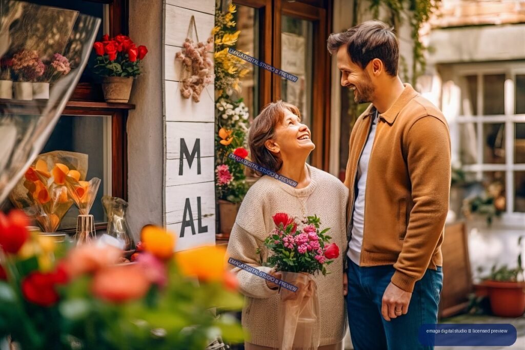 Adult man smiling at an older woman holding a bouquet outside a flower shop, surrounded by flowers and plants.