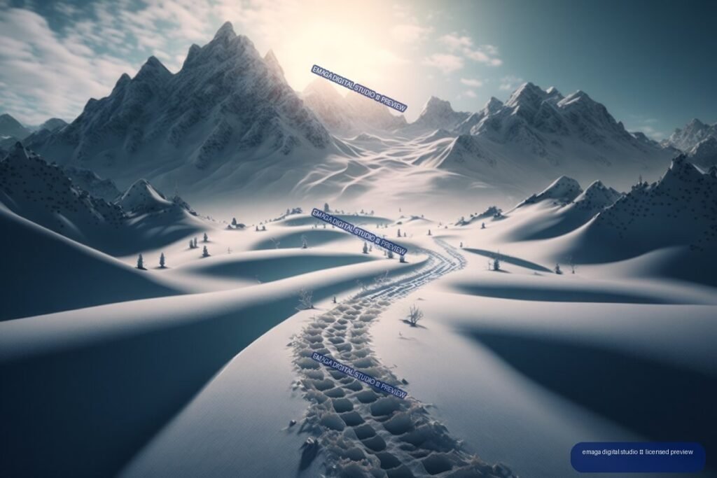 Snow-covered mountain valley with a winding trail leading toward jagged peaks beneath a low bright sun.