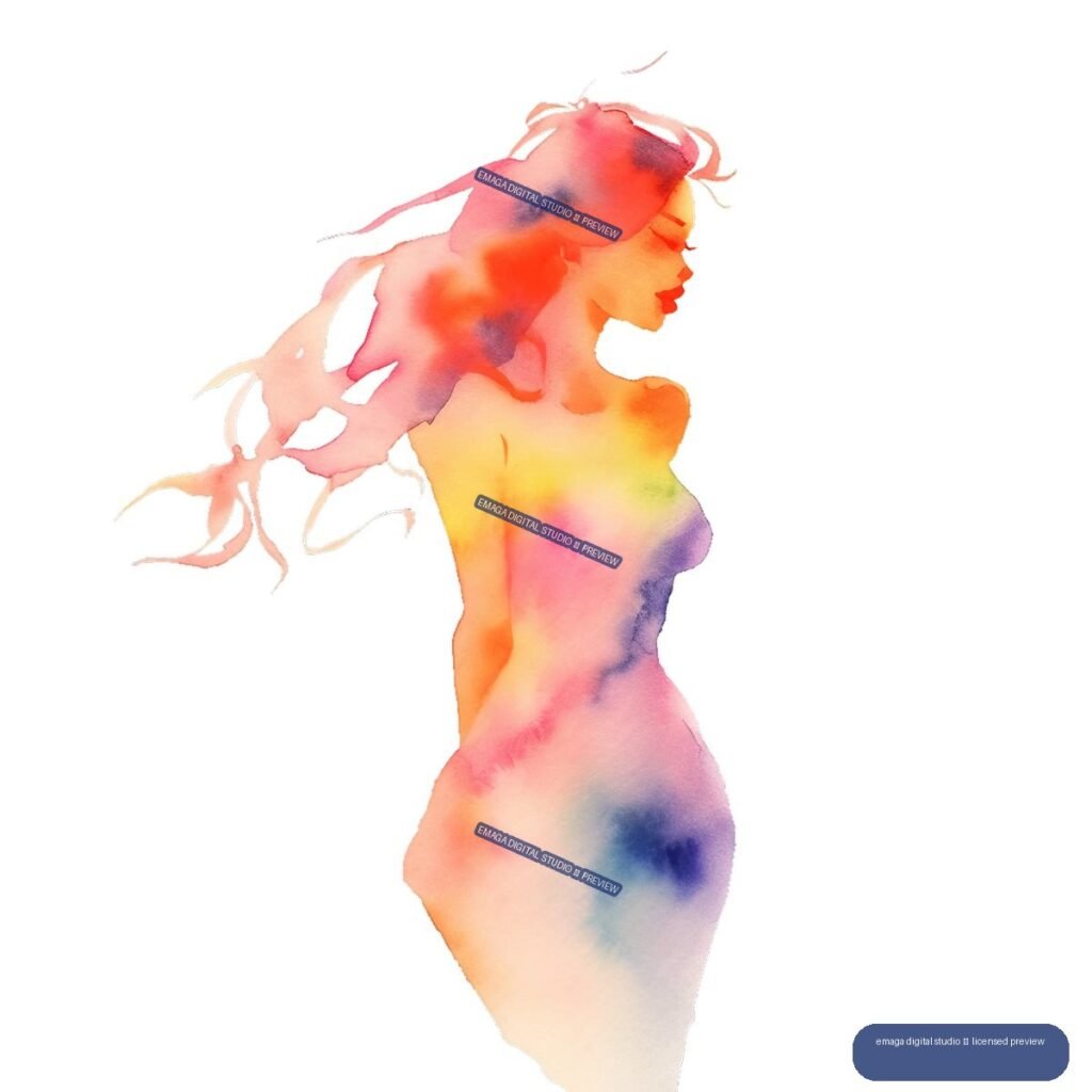 Colorful watercolor silhouette of a woman in right-facing profile with flowing hair and blended warm and violet washes.