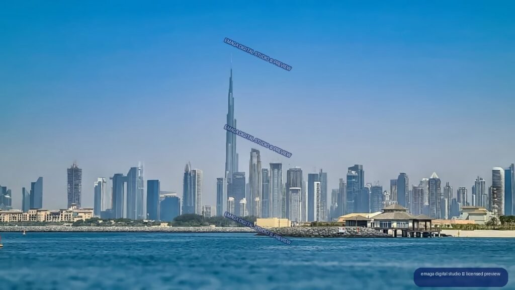 Dubai skyline with the Burj Khalifa centered beyond blue water under a clear sky.