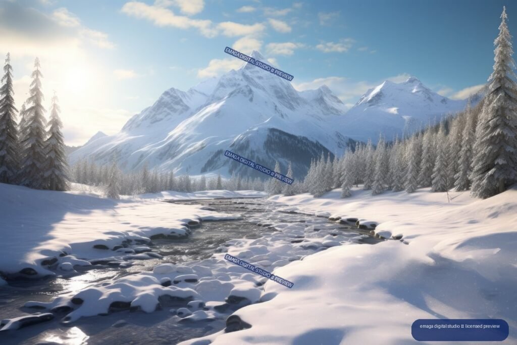 Snow-covered mountain valley with a flowing stream, frosted evergreen trees, and sunlit alpine peaks beneath a blue sky.