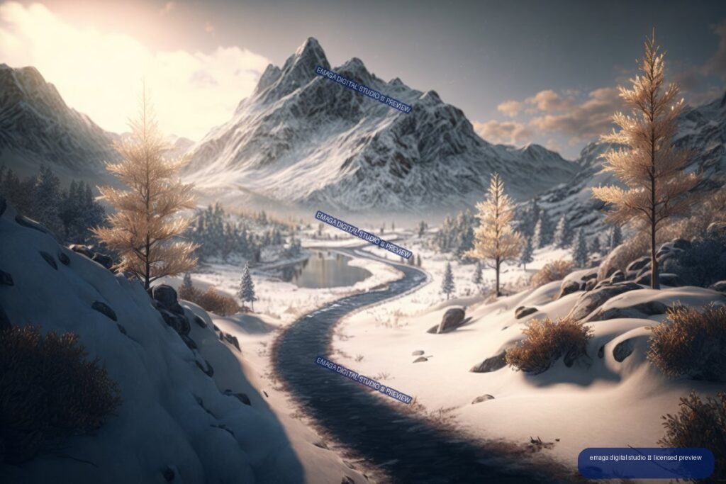 Snow-covered mountain peaks above a winding dark stream or track, pond, and scattered trees in a sunlit winter valley.