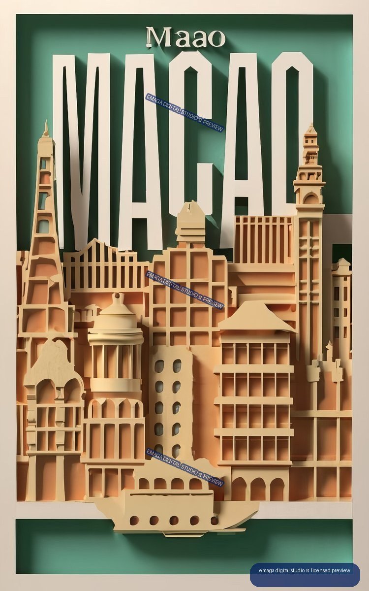 Stylized Macao travel poster with cream and peach buildings, towers, arched facades, and a ship silhouette against dark green.