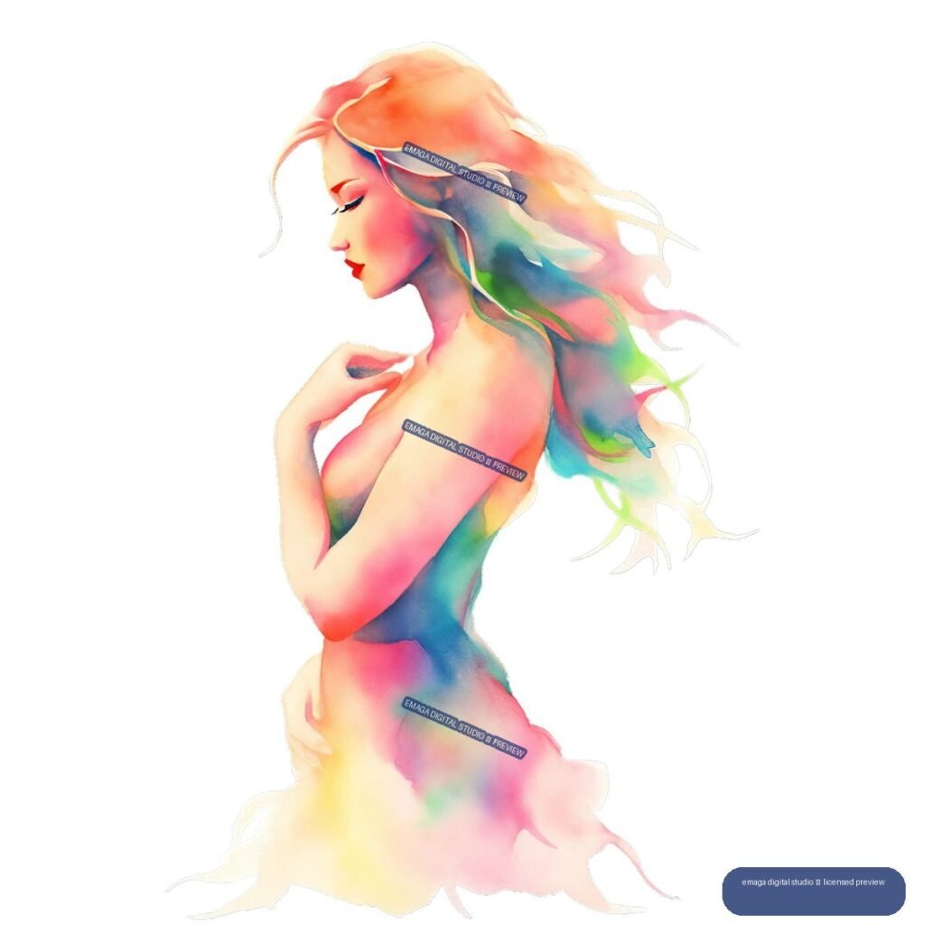 Colorful watercolor-style profile portrait of a bare-shouldered woman with flowing multicolored hair on white.