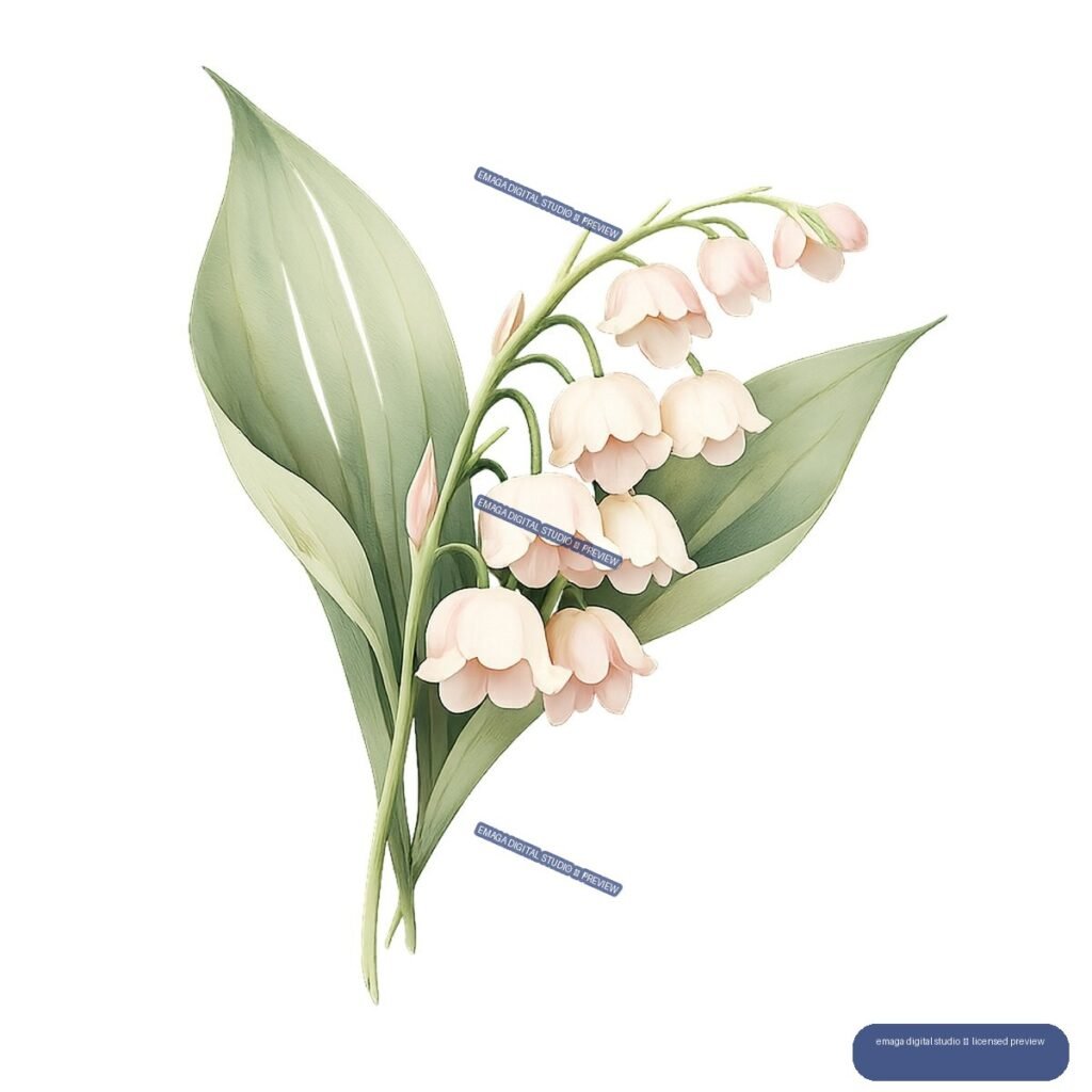 Watercolor-style lily of the valley sprig with cream bell-shaped flowers, green leaves, and unopened buds.