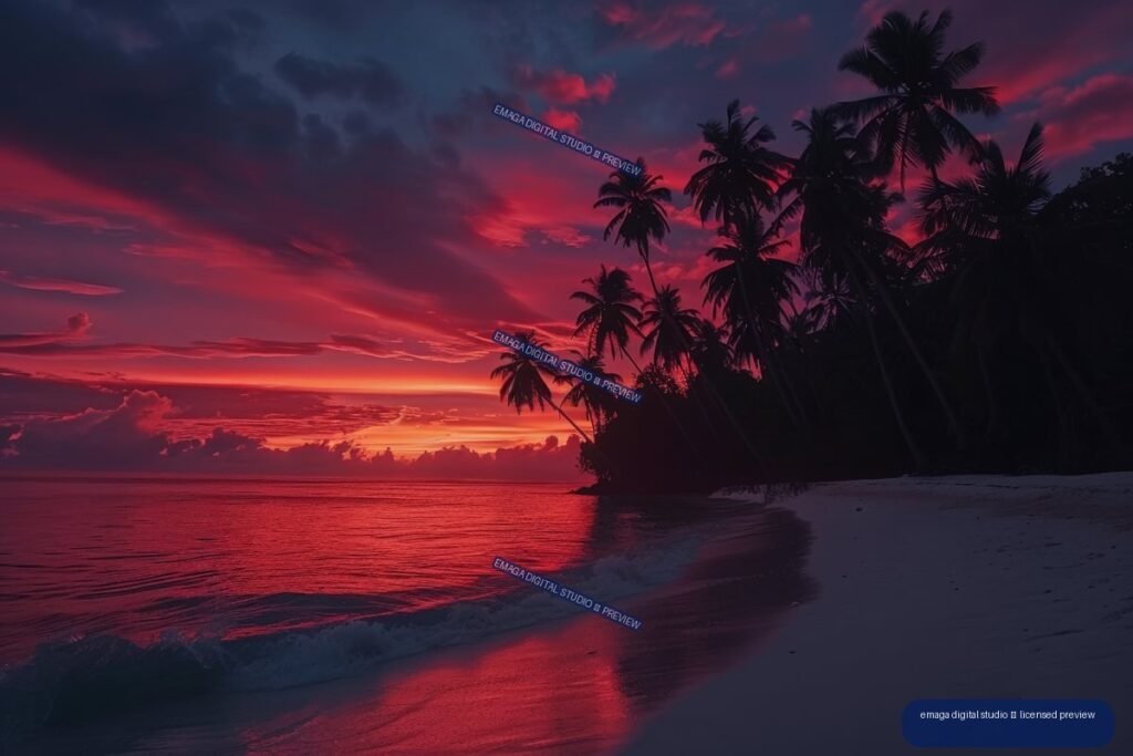 Red and orange sunset over a tropical ocean, with silhouetted coconut palms, shoreline vegetation, gentle waves, and a sandy beach.