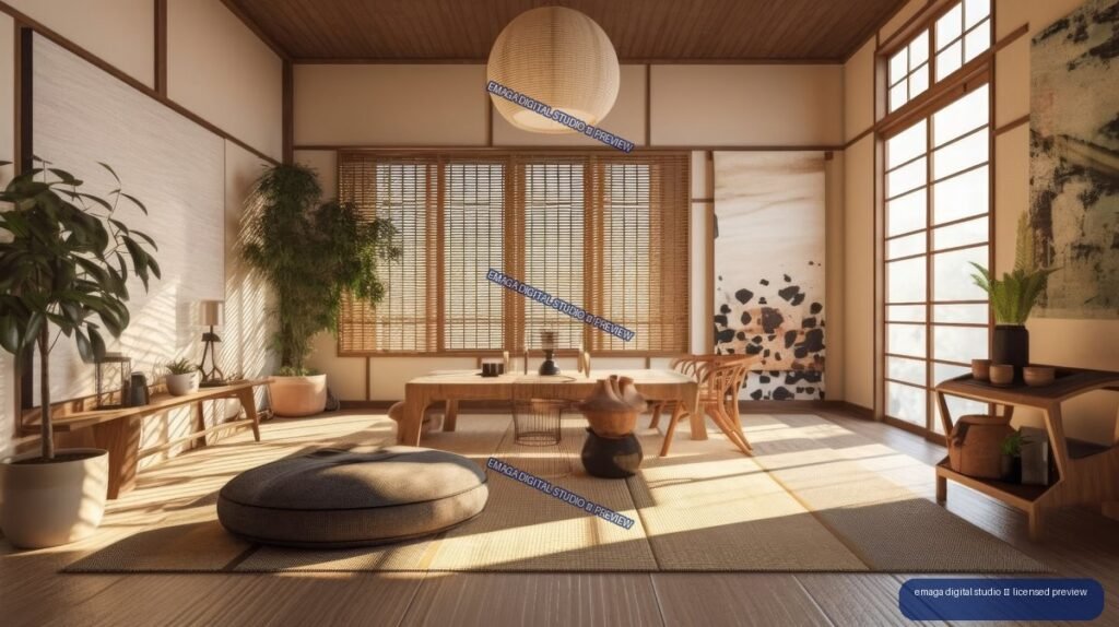 Warm minimalist Japandi living room with wood floors, woven blinds, plants, low furniture, and sunlight through large windows.