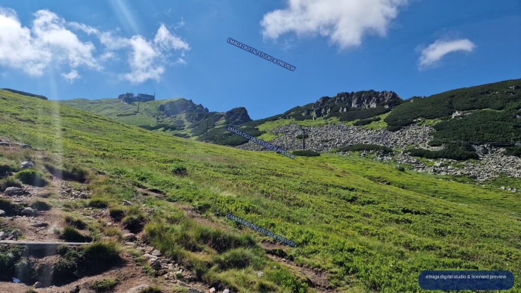 Rocky mountain trail crossing a green alpine slope beneath rugged ridges and a blue, cloud-dotted sky.