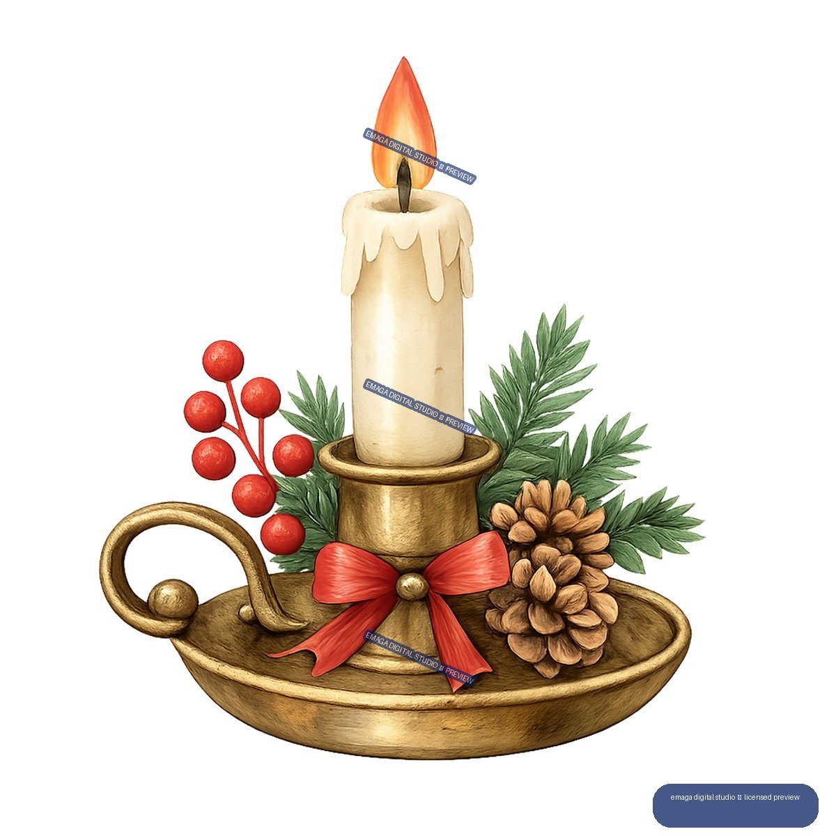 Watercolor-style holiday candle arrangement in a brass tray with evergreen branches, red berries, pinecone, red bow, and lit cream candle.