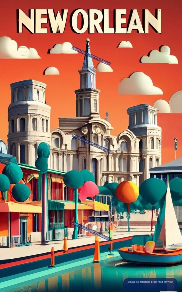 Stylized New Orleans waterfront poster with ornate buildings, colorful trees, a boat, and large lettering against a red-orange sky.