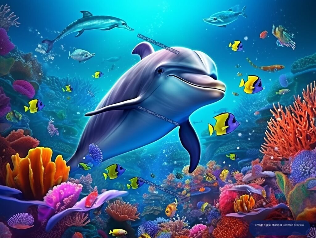Large dolphin swimming above a vibrant coral reef with tropical fish and other dolphins in blue underwater surroundings.