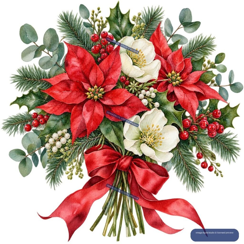 Watercolor Christmas bouquet with red poinsettias, white flowers, holly, berries, eucalyptus, pine branches, and a flowing red ribbon.
