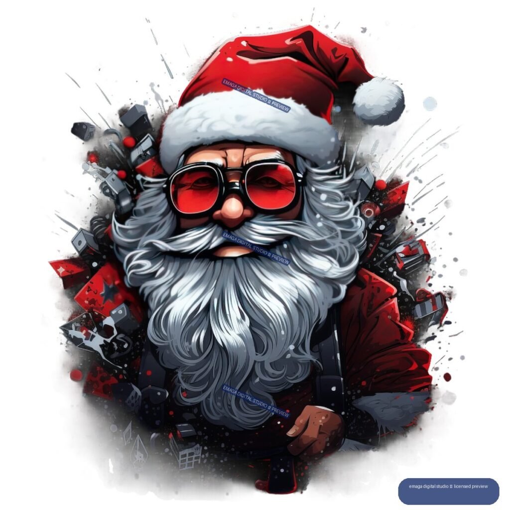 Stylized Santa Claus wearing red-tinted sunglasses and a red hat, surrounded by abstract festive shapes.
