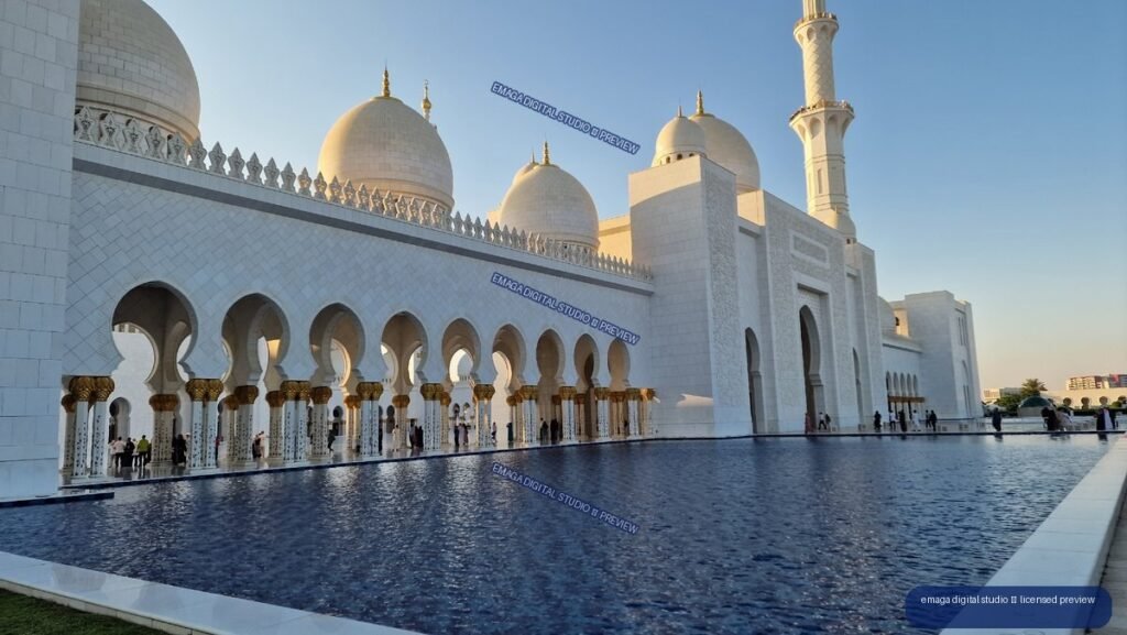 White Marble Mosque Courtyard with Domes and Reflecting Pool — Sheikh Zayed Grand Mosque, Abu Dhabi