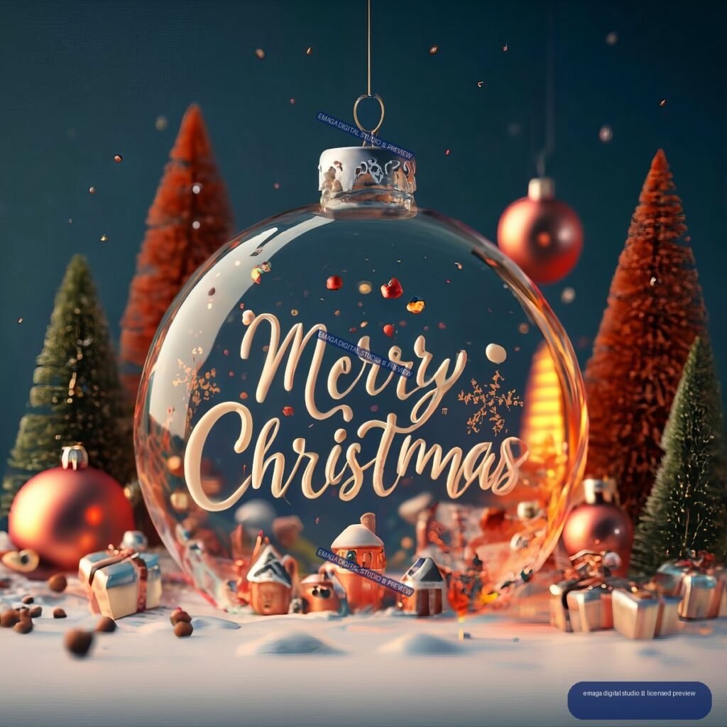Large glass Christmas ornament reading “Merry Christmas,” surrounded by miniature trees, red baubles, and wrapped gifts.