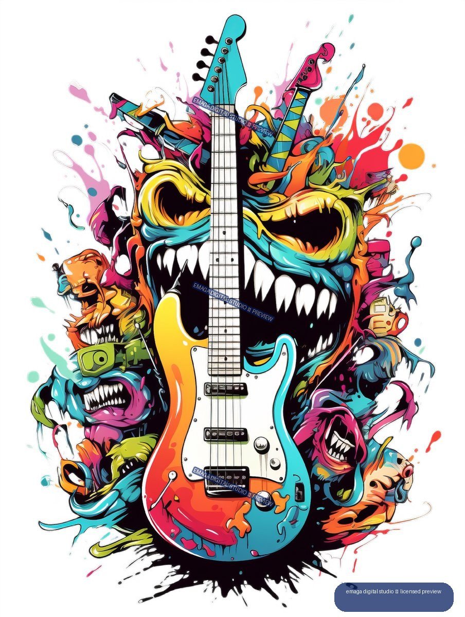 Colorful cartoon monsters with sharp teeth surround a large multicolored electric guitar, with bright paint splashes around the composition.