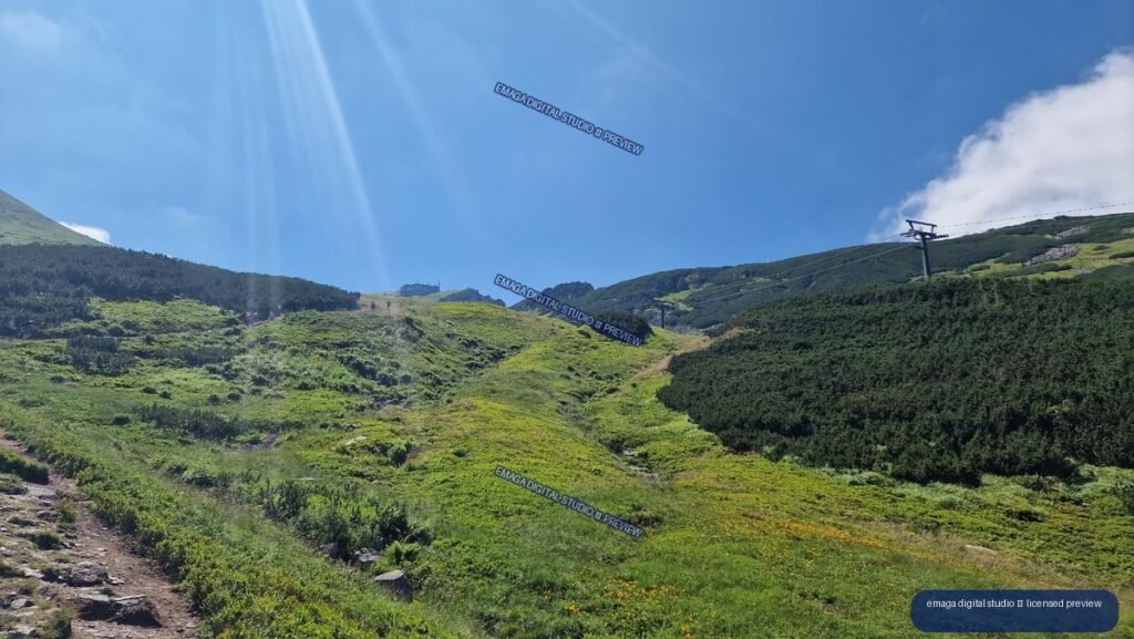 Rocky trail through green alpine vegetation beneath a cableway on a sunny mountain slope.