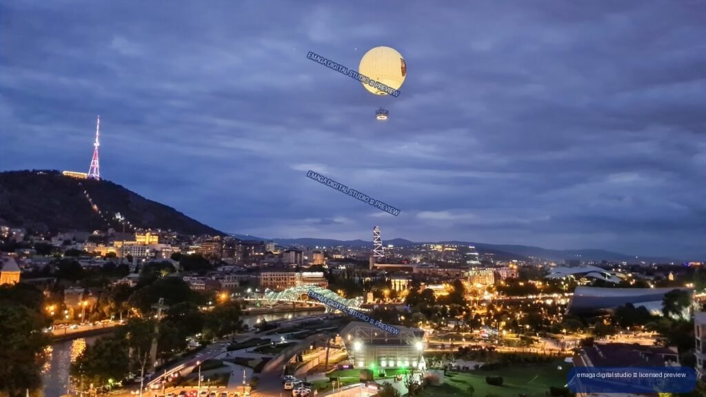 Night panorama of Tbilisi with city lights, a hilltop television tower, glowing bridge, distant hills, and an illuminated balloon in the sky.