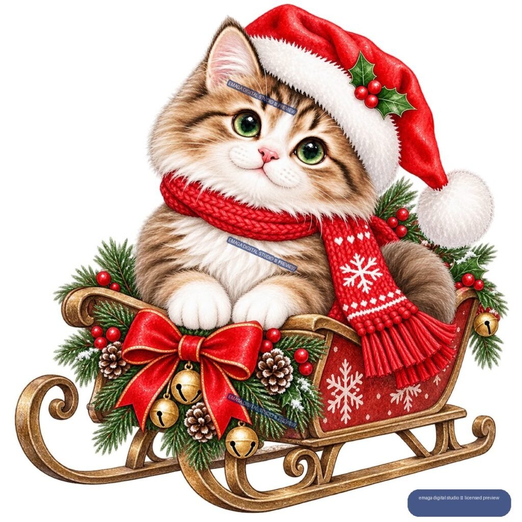 Fluffy tabby cat wearing a Santa hat and red scarf, sitting on a decorated Christmas sleigh with greenery, berries, bells, and a bow.