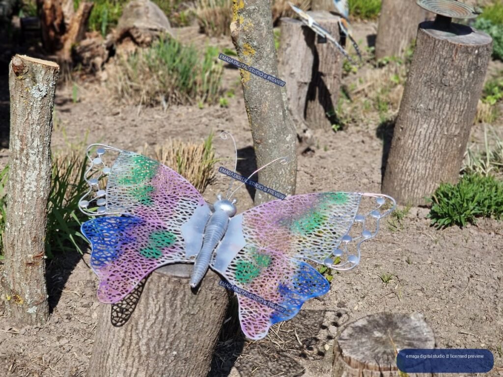 Colorful Metal Butterfly Garden Ornament on a Tree Stump — Hortulus Gardens, Dobrzyca