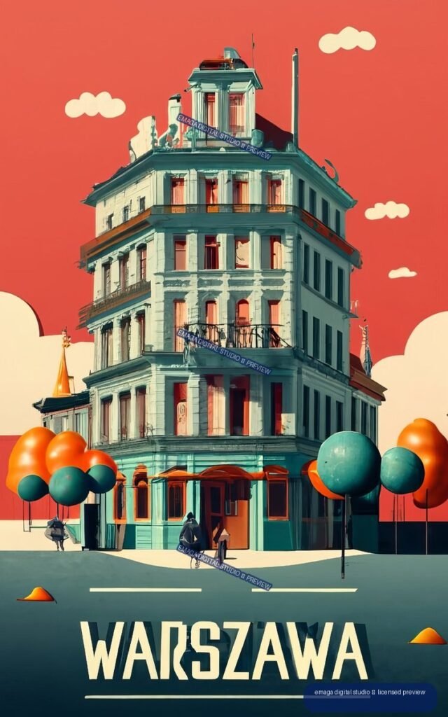 Stylized vintage poster of an ornate Warsaw corner building with rounded trees, pedestrians, and large WARSZAWA lettering beneath a coral-red sky.