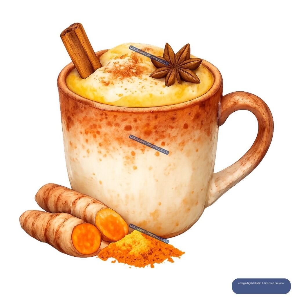Illustration of a foamy golden drink in a terracotta mug with cinnamon and star anise, beside carrots and turmeric powder.