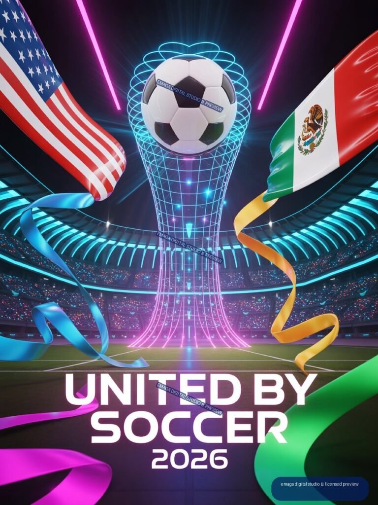 Futuristic soccer poster with a ball above a glowing trophy, United States and Mexican flags, colorful ribbons, and the words United By Soccer 2026.