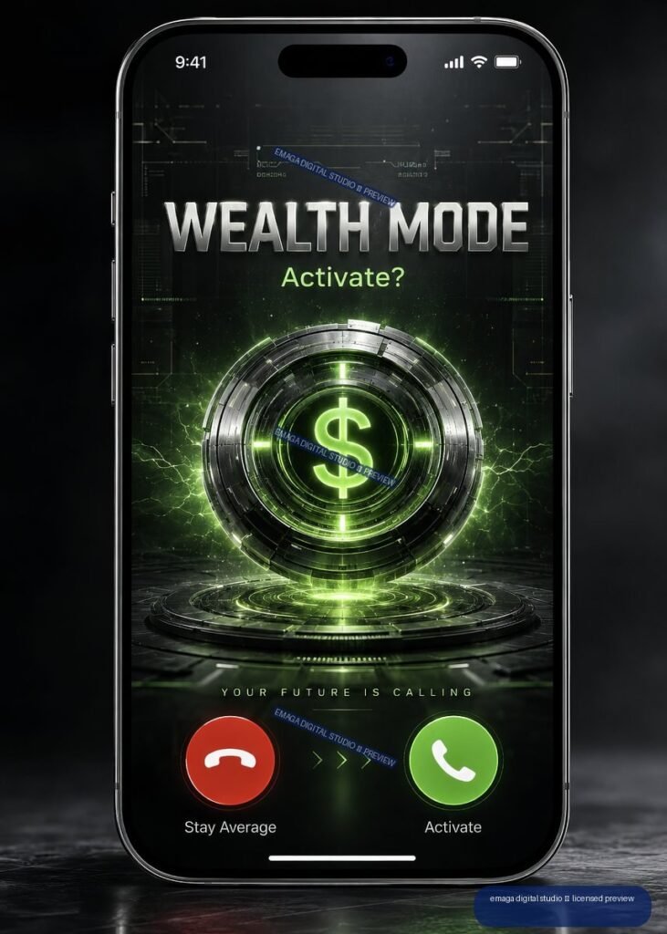 Futuristic smartphone showing a glowing green dollar symbol, wealth mode text, and activate call buttons.
