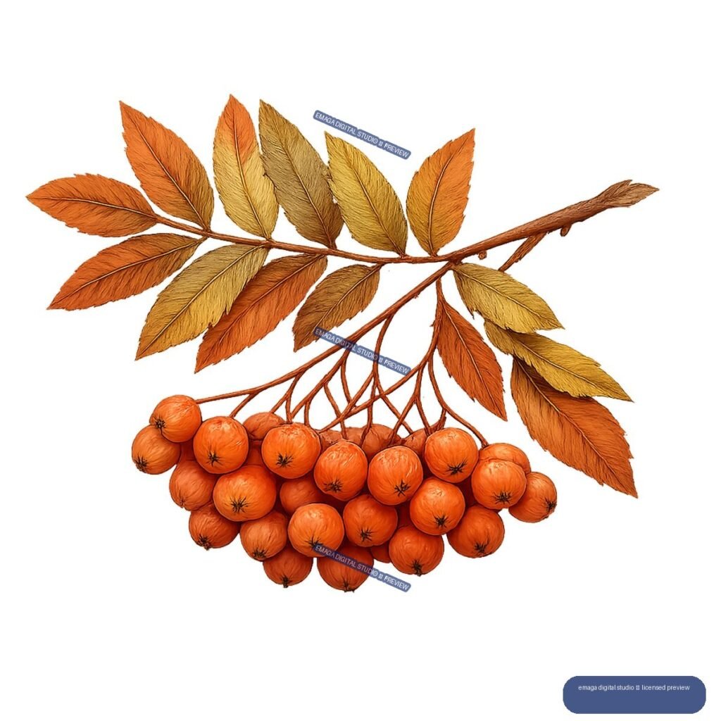 Illustrated autumn branch with multicolored leaves and a dense cluster of orange berries.