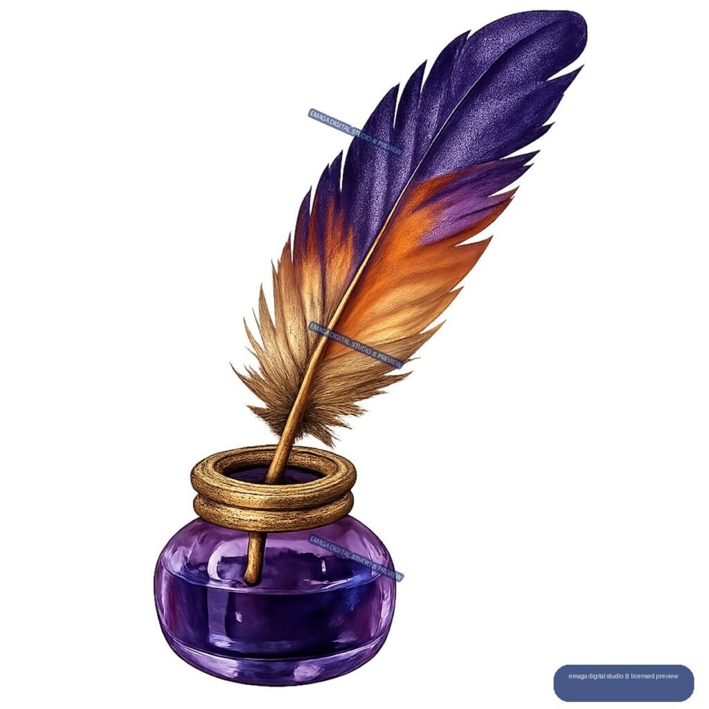 Purple glass ink bottle holding a diagonally angled feather with brown, orange, violet, and deep purple coloring.