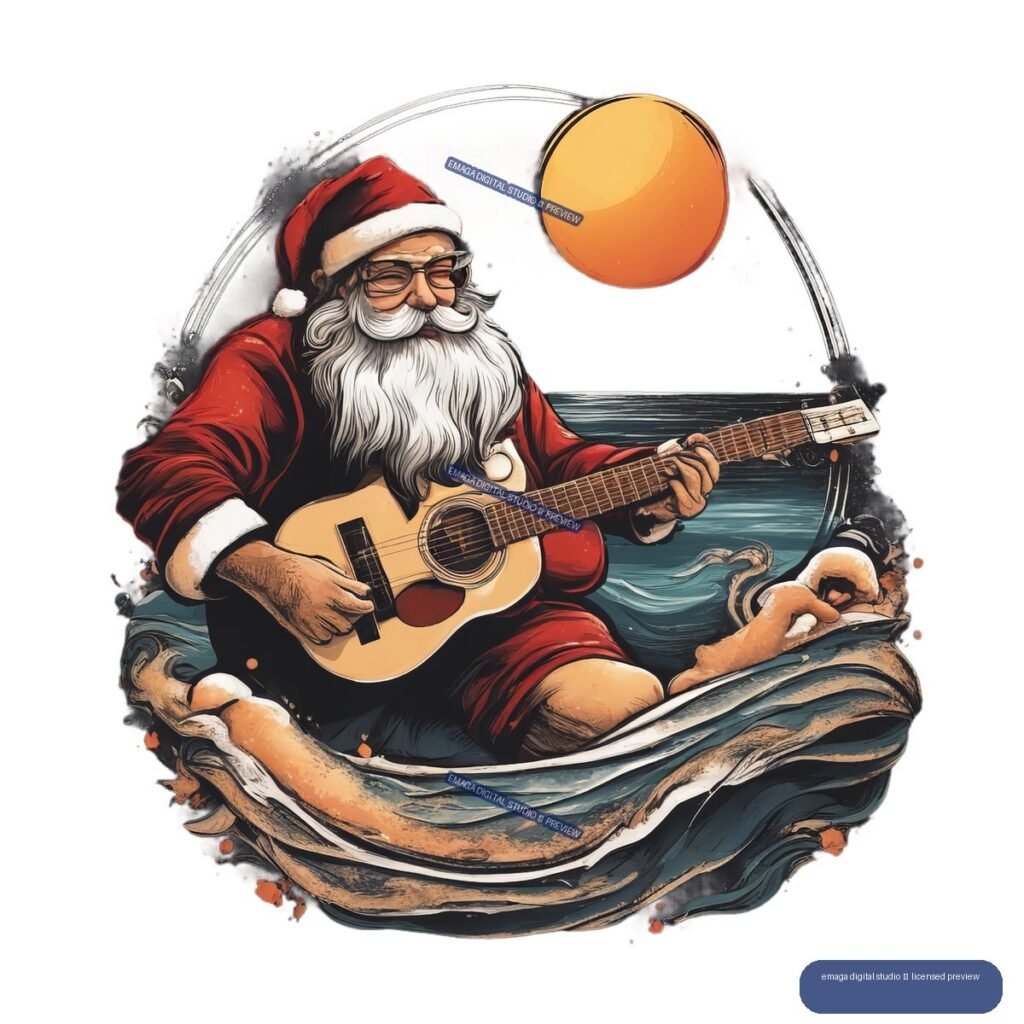 Illustrated Santa Claus in a red suit playing an acoustic guitar amid ocean waves beneath an orange sun.