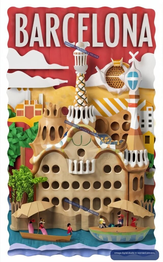 Layered paper-art poster of Barcelona with large lettering, sculptural architecture, colorful buildings, boats, trees, and figures.
