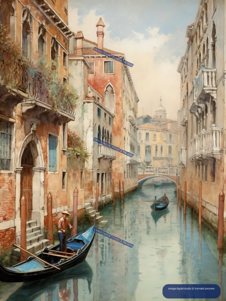 Watercolor-style view of a Venetian canal with gondolas, historic buildings, a bridge, and a distant dome.