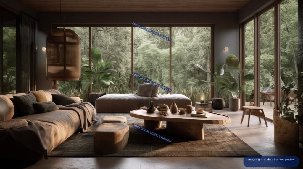 Minimalist living room with low sofa, round coffee table, pendant lamp, indoor plants, and forest views through large windows.