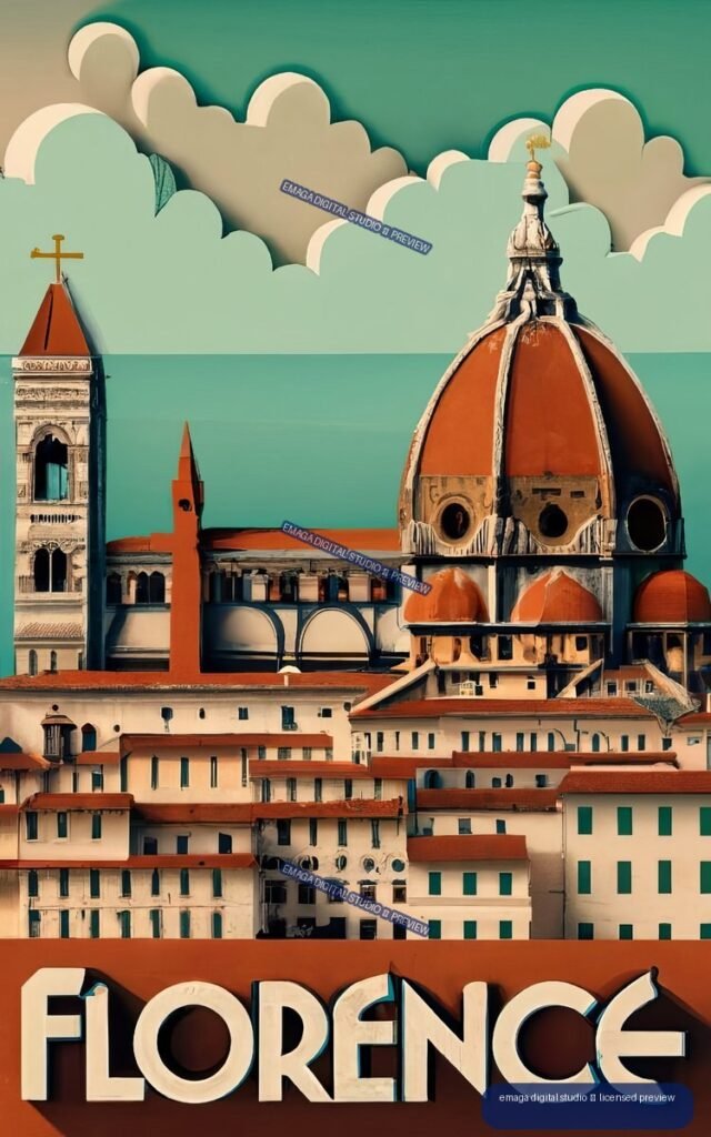Stylized vintage poster of Florence featuring the Duomo, historic rooftops, turquoise sky, and the word FLORENCE.