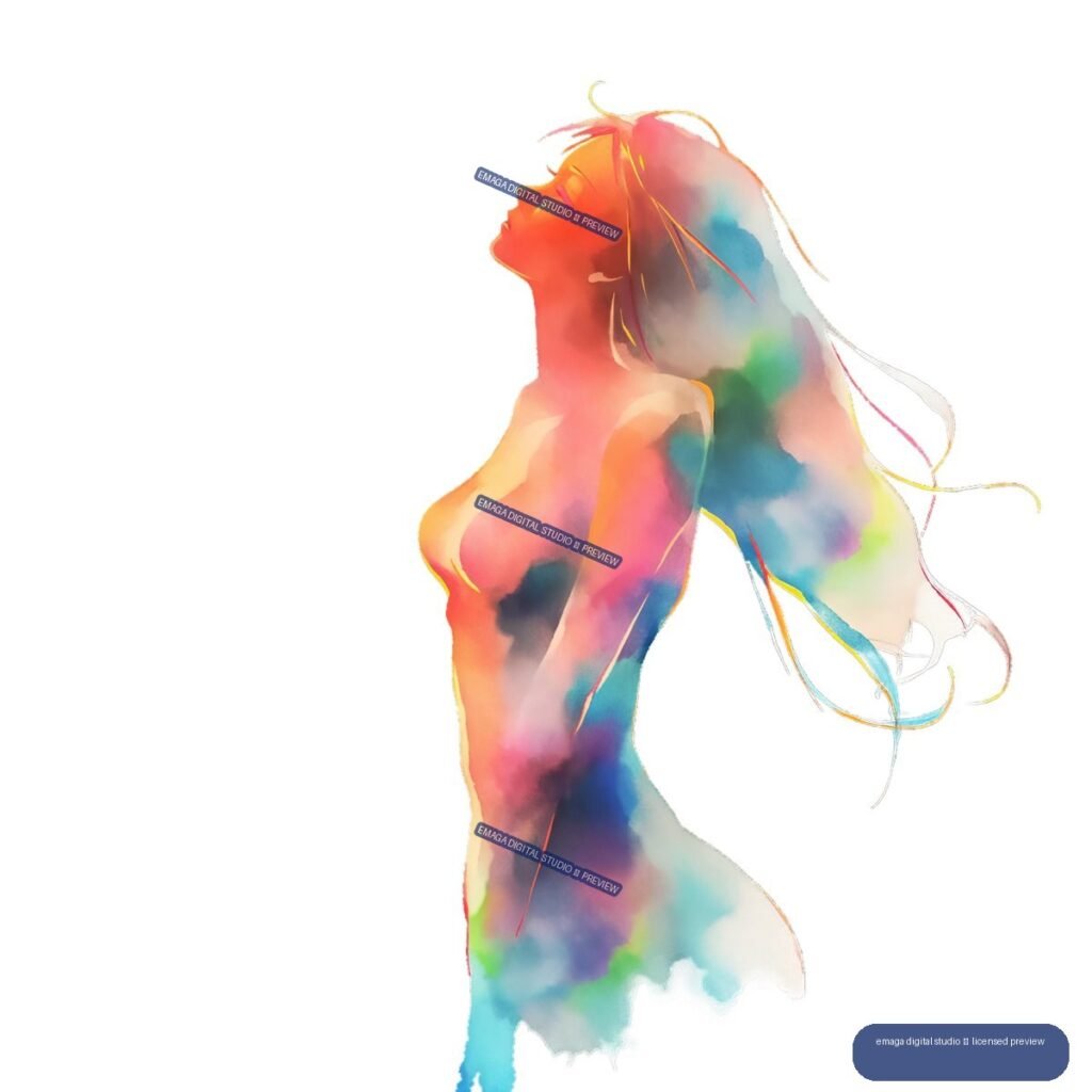 Colorful watercolor painting of a nude female figure in profile with her head tilted back and flowing multicolored hair, isolated on transparency.