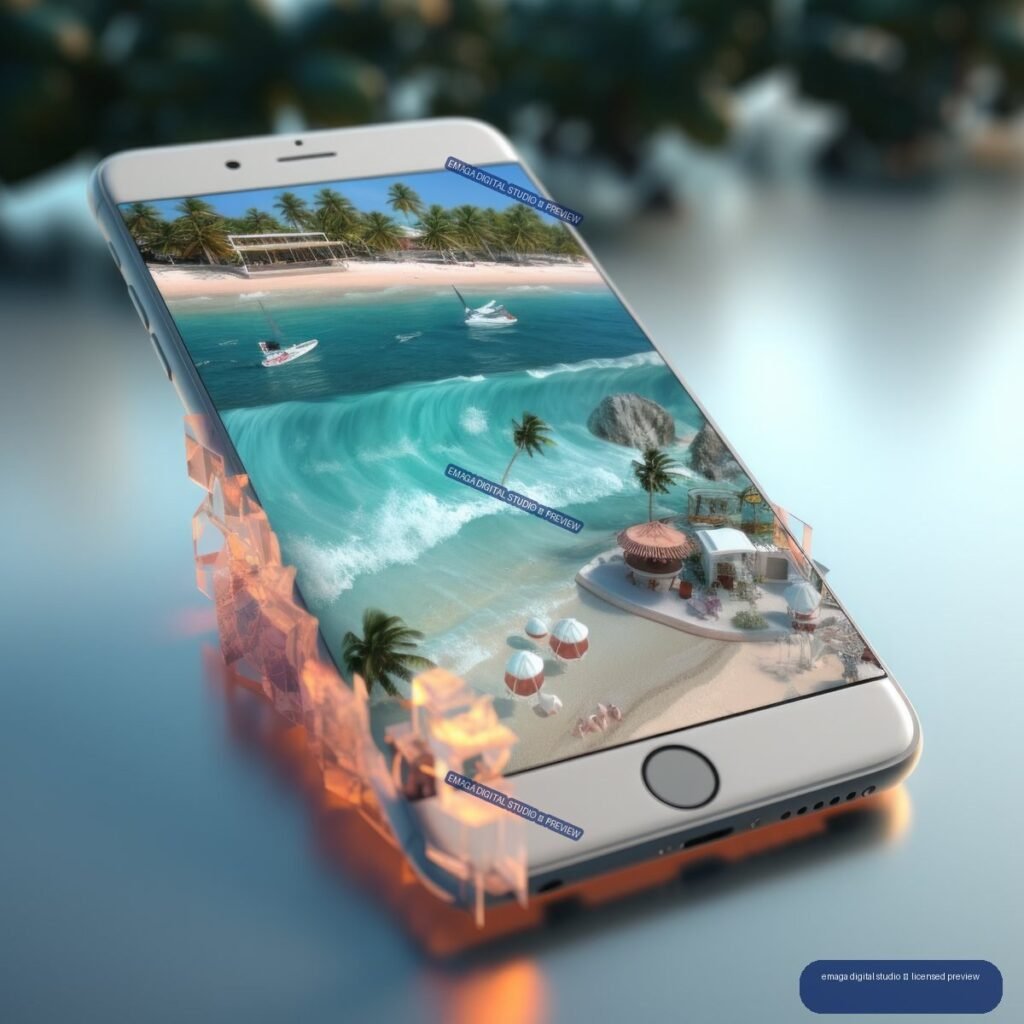 Angled white smartphone displaying a tropical beach scene with turquoise water, palm trees, boats, and orange geometric fragments around its edges.