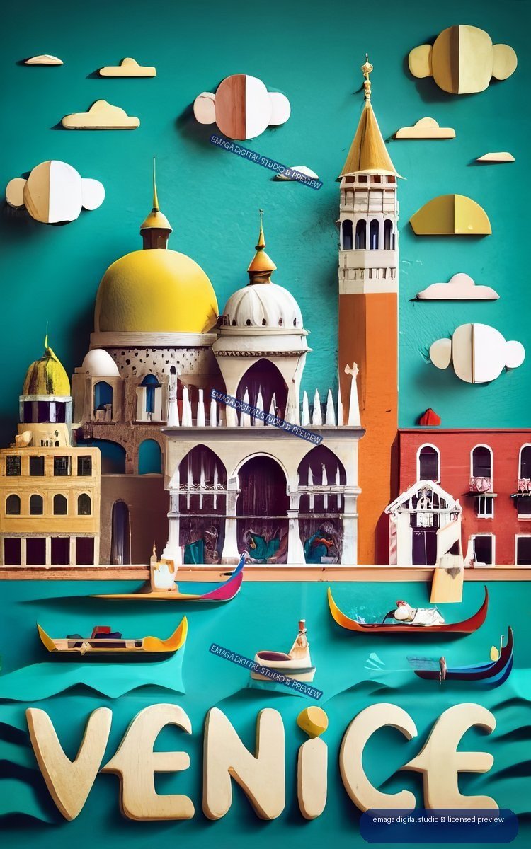 Stylized colorful poster of Venetian buildings, gondolas, clouds, and large VENICE lettering against a turquoise background.