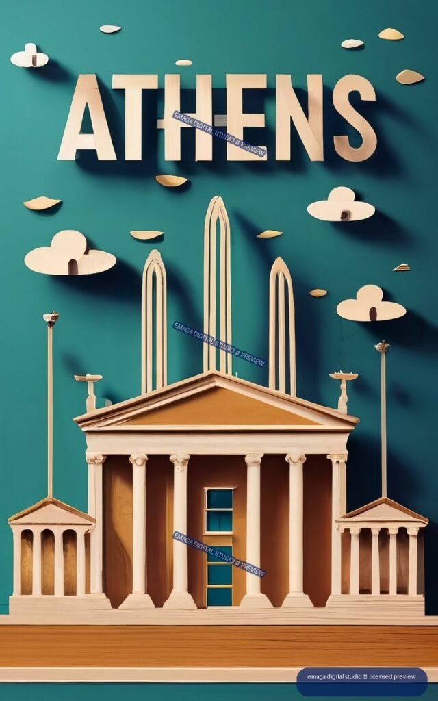 Stylized Athens poster with large cream ATHENS lettering above a classical columned building on a teal background.