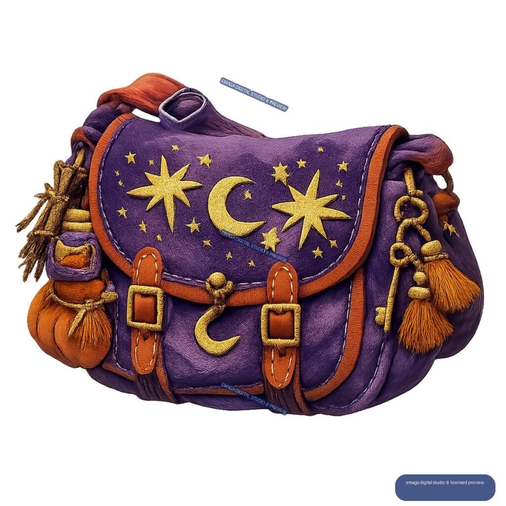 Purple witch satchel with orange straps, gold buckles, tassels, crescent moon, and star decorations.